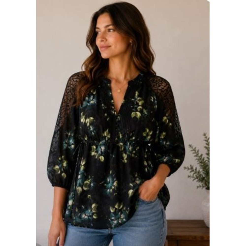 Floral‎ Lace Shoulder Top Large Blue Black Pleated Tunic Goth Feminine Office